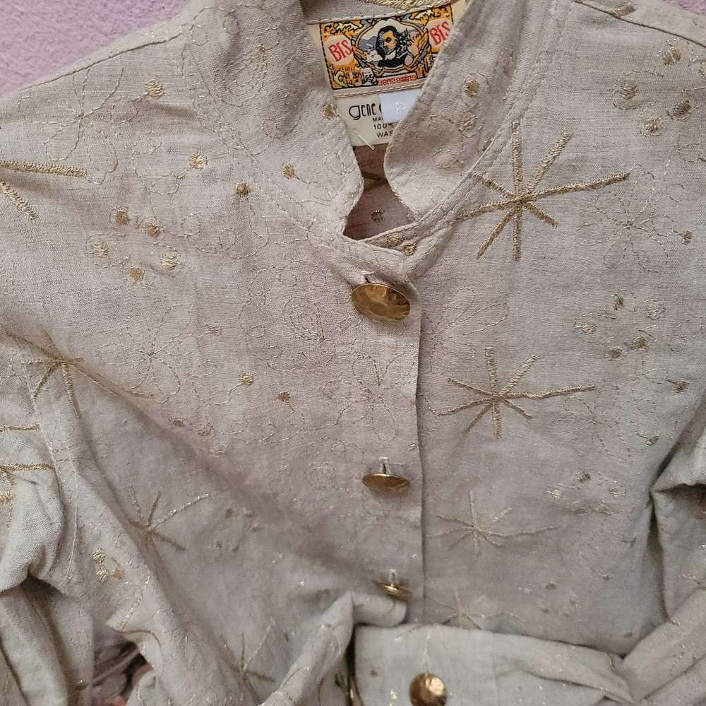 Gene Ewing Bis Linen Dress size P/0 Gold Embroidery